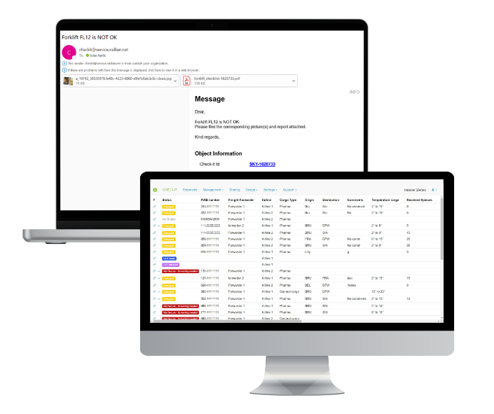 Automatic notifications with reports and pictures and real-time status visibility in cargo acceptance