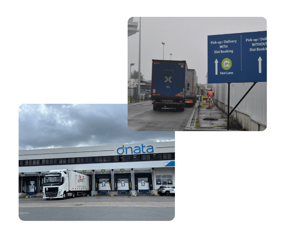 Picture of trucks waiting to enter cargo hub on one lane while the other priority lane using slot booking is empty